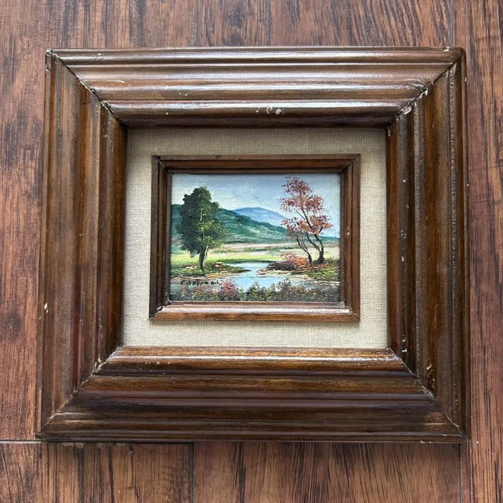 Vintage Signed P Strada Miniature Oil Painting Original Landscape River Framed